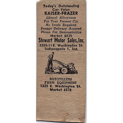 Stewart Motor Sales Indianapolis Frazer Kaiser Vintage Matchbook Cover SF3-Y5