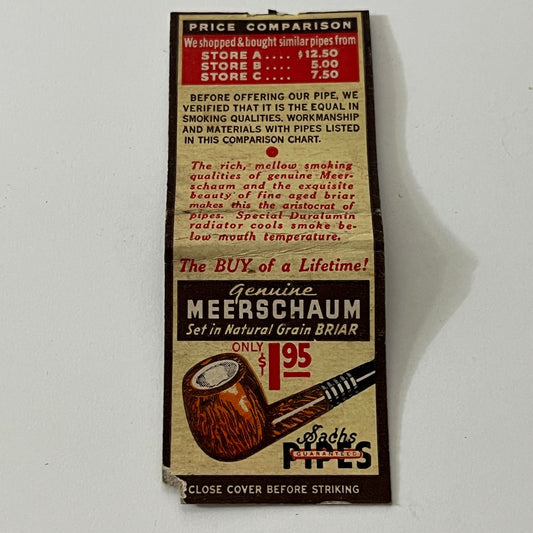 Sachs Pipes Genuine Meerschaums Vintage Matchbook Cover TB6-MB1-12