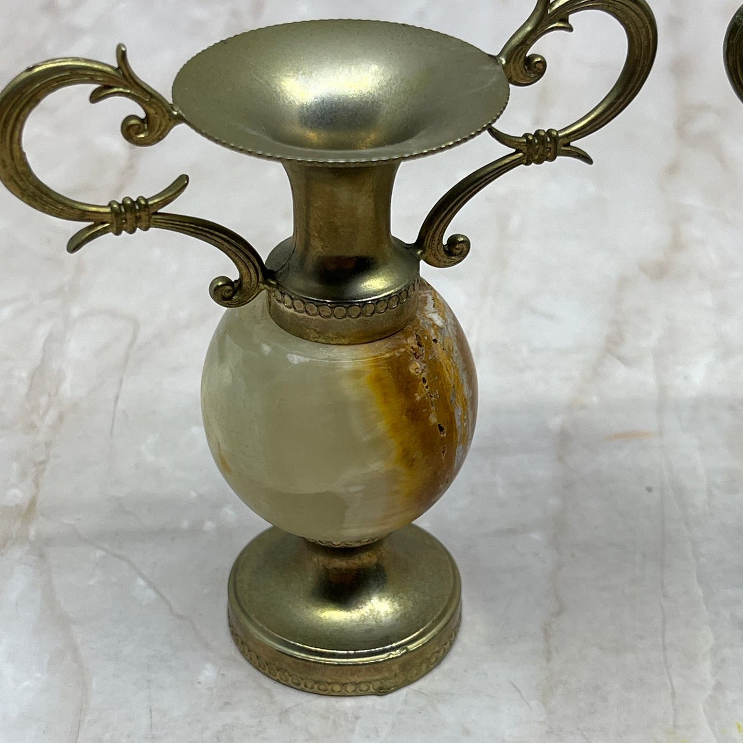 Vintage Onyx Marble and Brass Vases Set of 2 Precious Stone 3.5" TI8