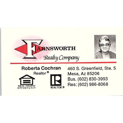 Roberta Cochran Farnsworth Realty Co Mesa AZ Vintage Business Card SD9-B13