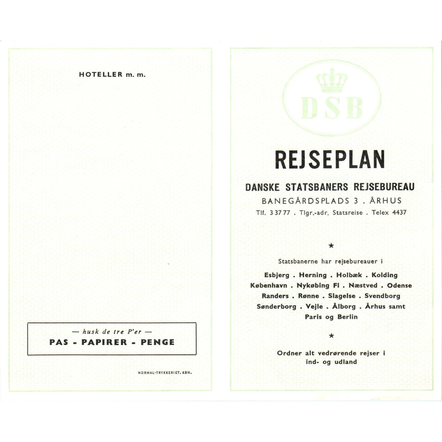 1960s DSB Danish Statsbaners Travel Agency Itinerary ÅRHUS AF7-E10