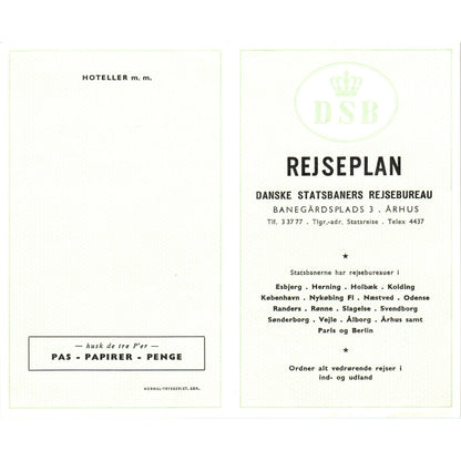 1960s DSB Danish Statsbaners Travel Agency Itinerary ÅRHUS AF7-E10