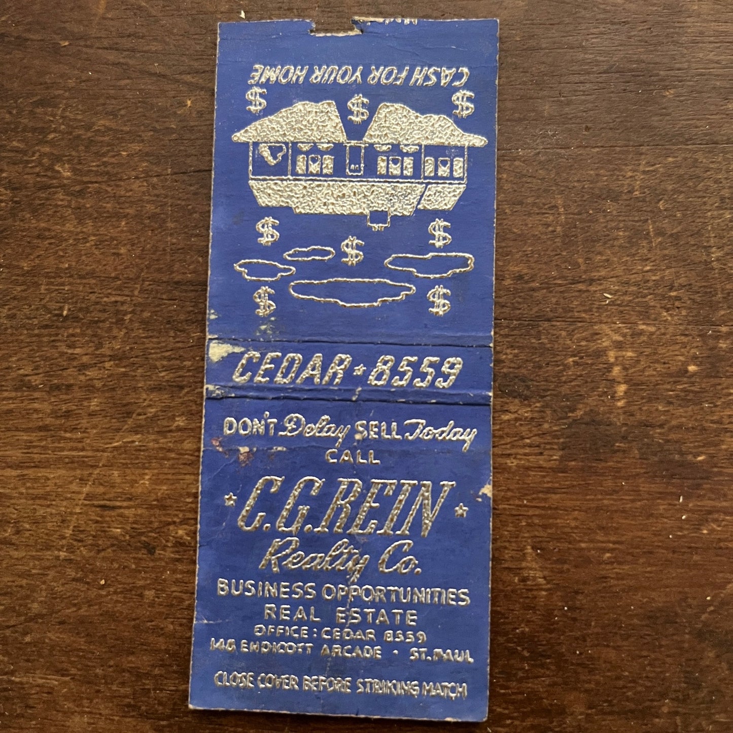 C.G. Rein Realty Co St. Paul MN Vintage Matchbook Cover SC7-Y4