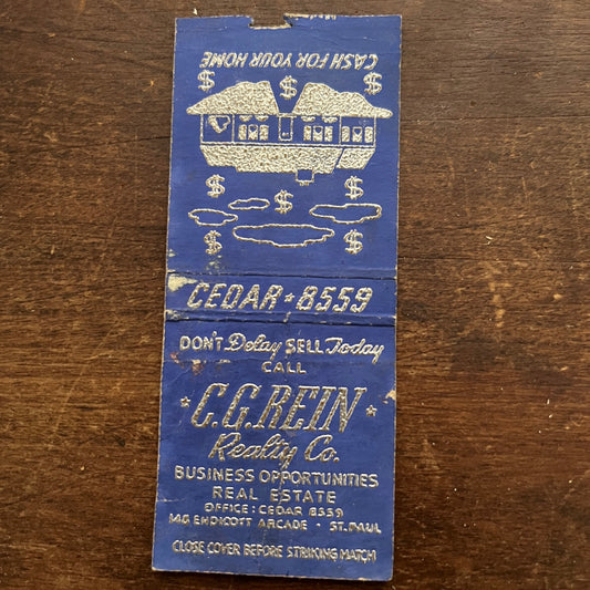 C.G. Rein Realty Co St. Paul MN Vintage Matchbook Cover SC7-Y4