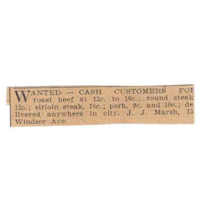 J.J. Marsh Beef Steak Windsor Ave Hartford 1901 Newspaper Ad AD8-HS8
