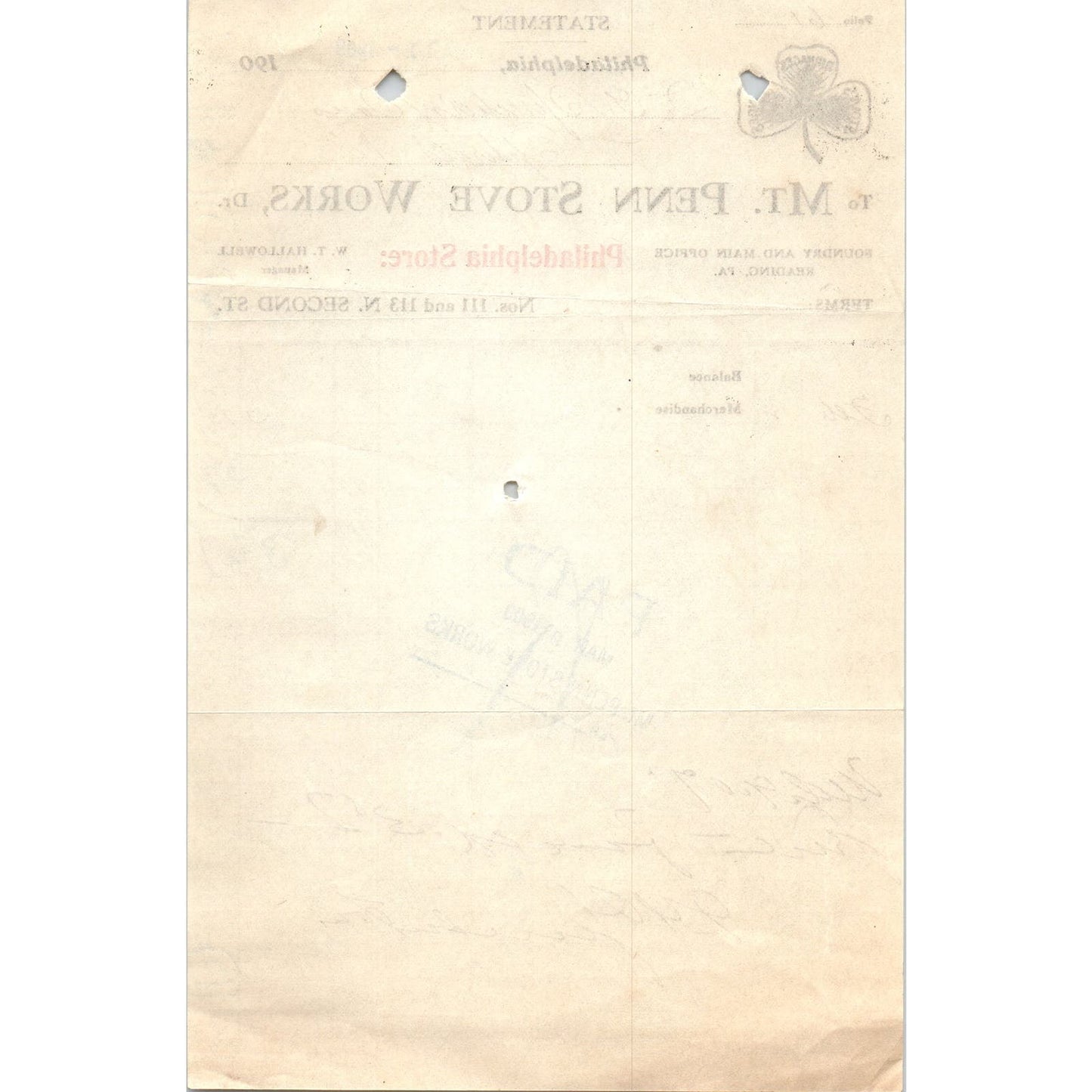 1909 Mt. Penn Stove Works Philadelphia Letterhead Billhead Receipt D11