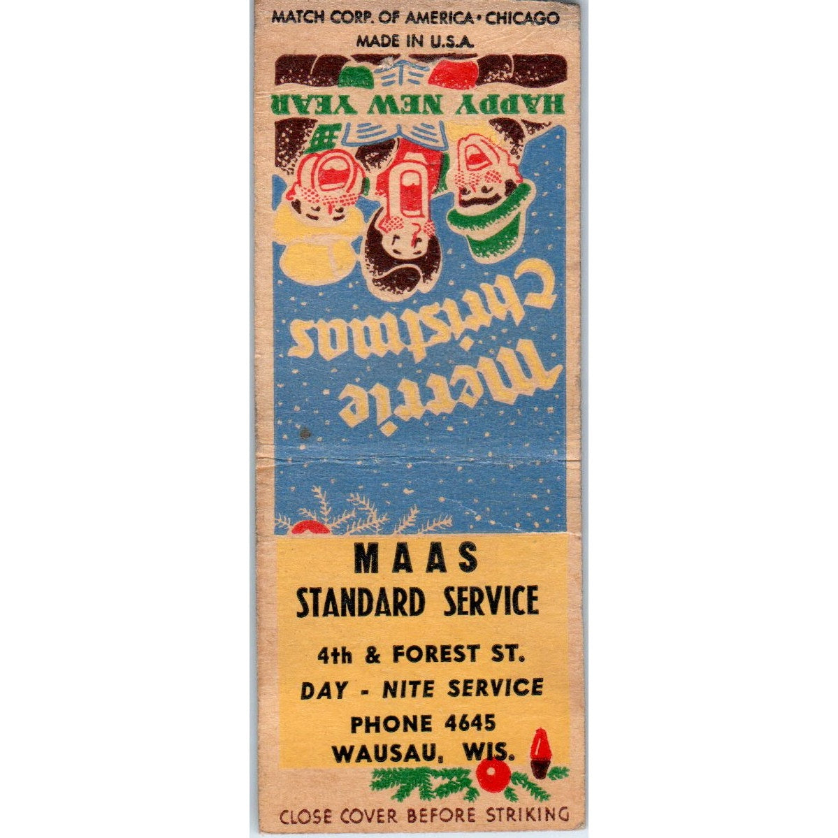 Maas Standard Service Wausau WI Christmas Vintage Matchbook Cover SD2-Y12
