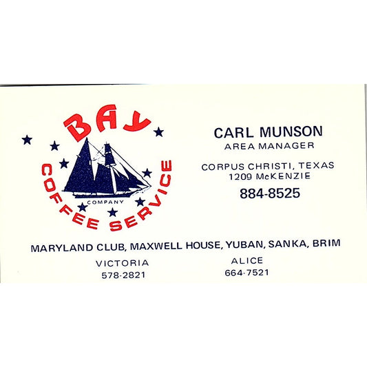 Carl Munson Bay Coffee Service Corpus Christi TX Vintage Business Card SD9-B12