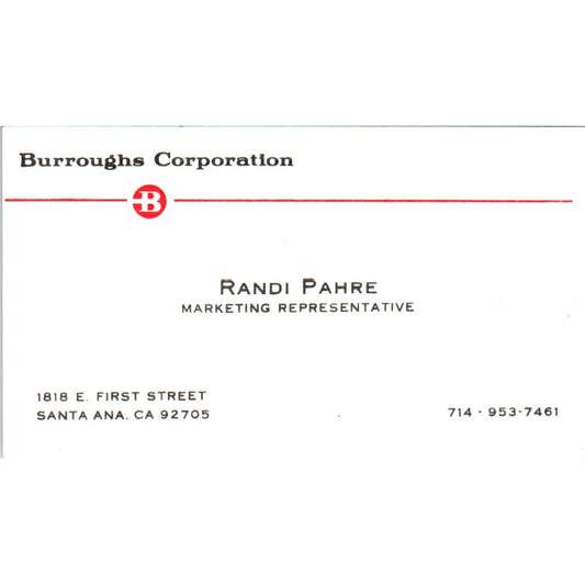 Randi Pahre Burroughs Corporation Santa Ana CA Vintage Business Card SE3-B3