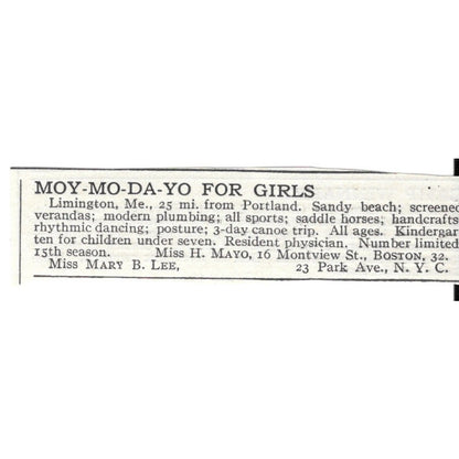 Moy-Mo-Da-Yo For Girls New York NY Miss H. Mayo Miss Mary B. Lee c1920 Ad AG4-S7