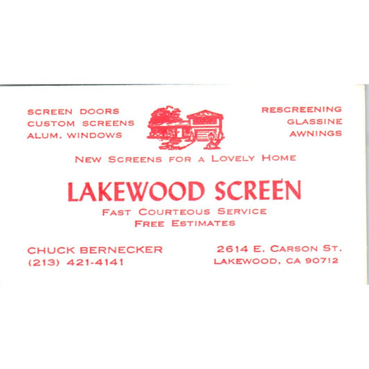 Chuck Bernecker Lakewood Screen Lakewood CA Vintage Business Card SD8-B3