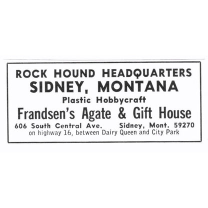 Frandsen's Agate & Gift House Sidney Montana 1972 Ad AF8-S6