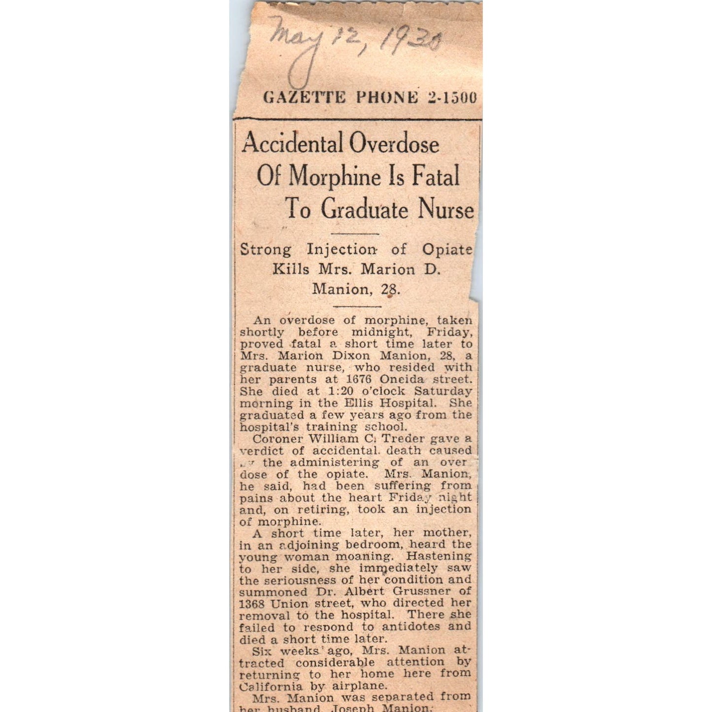 1930 Newspaper Article Marion D. Manion Schenectady NY Overdoses on Morphine AE6