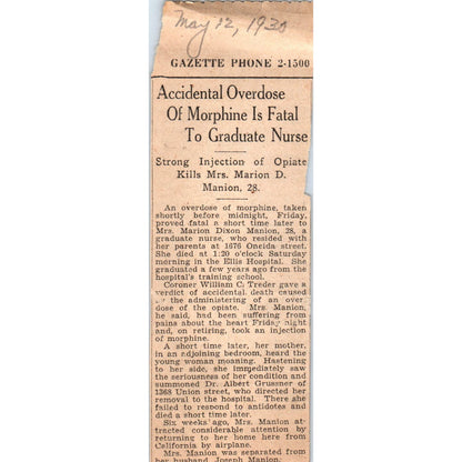 1930 Newspaper Article Marion D. Manion Schenectady NY Overdoses on Morphine AE6