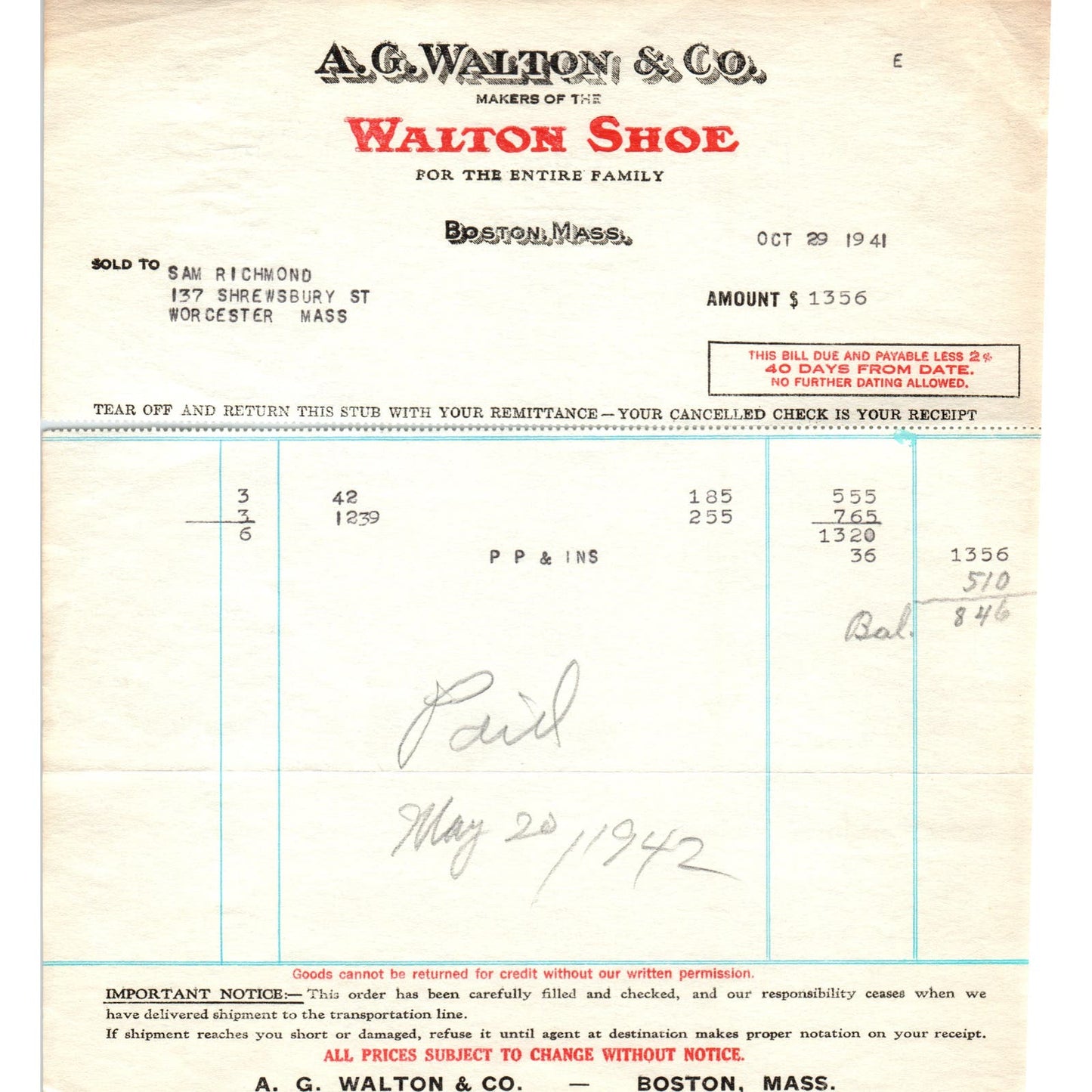 A.G. Walton & Co Shoes Boston MA 1941 Original Billhead Letterhead Receipt D8