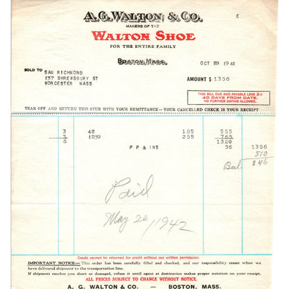 A.G. Walton & Co Shoes Boston MA 1941 Original Billhead Letterhead Receipt D8