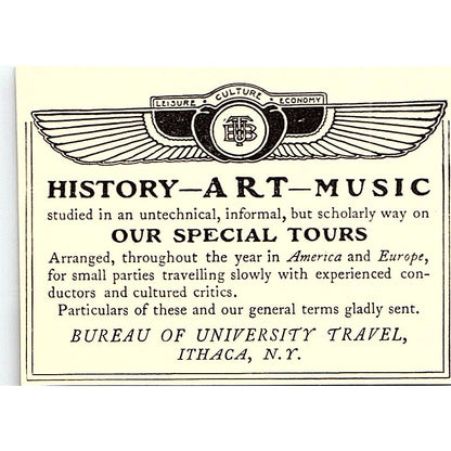History-Art-Music Tours Bureau of University Travel Ithaca NY - 1902 Ad AF4-13