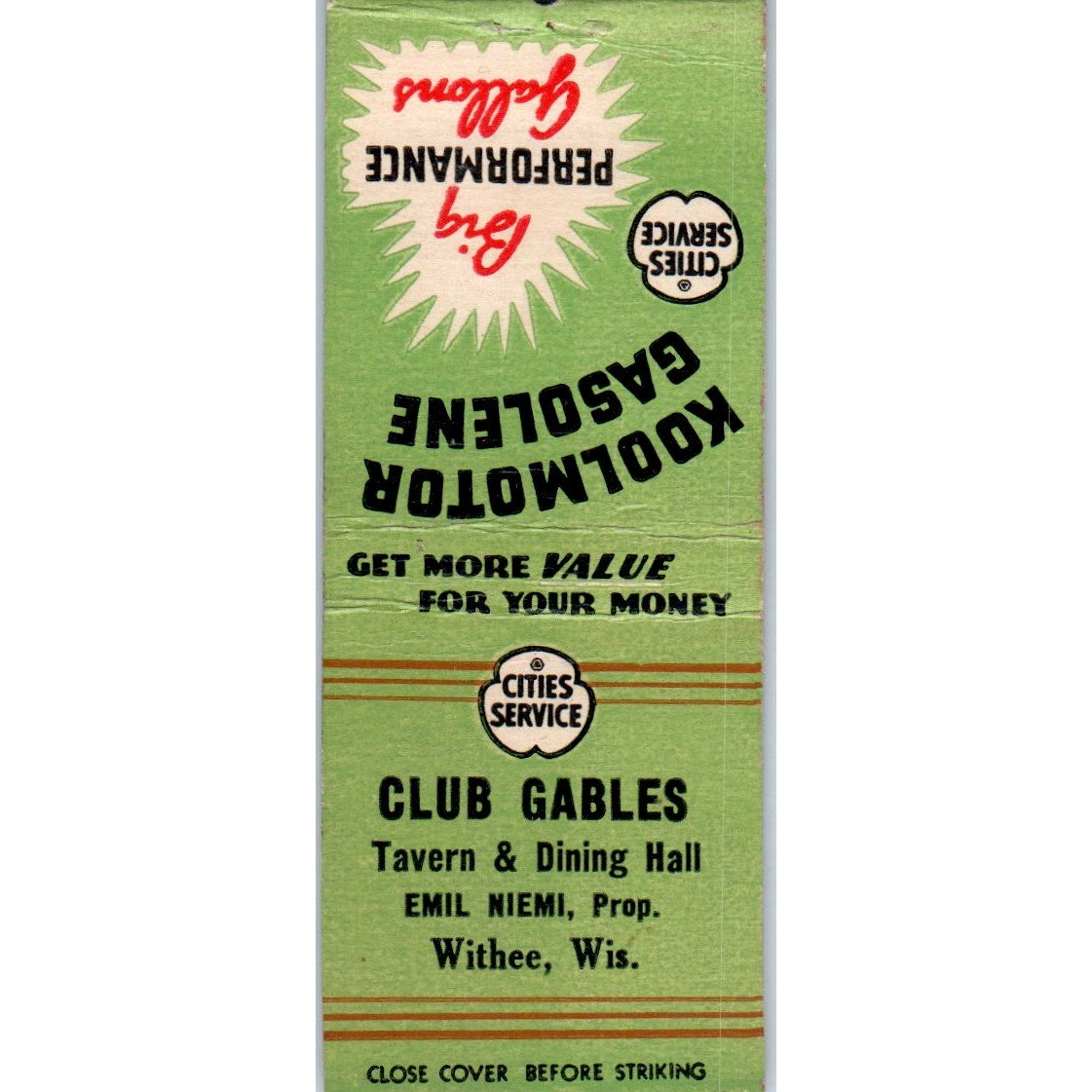 Club Gables Tavern & Dining Emil Niemi Withee WI Vintage Matchbook Cover SD2-Y14