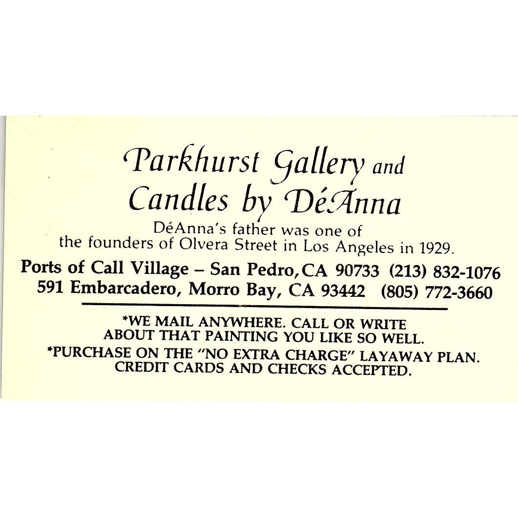 Parkhurst Gallery & Candles By DeAnna Morro Bay CA Vintage Business Card SF3-B4