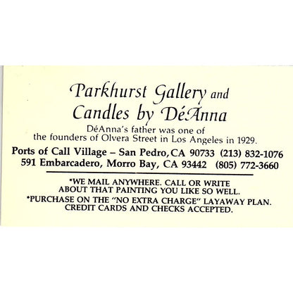 Parkhurst Gallery & Candles By DeAnna Morro Bay CA Vintage Business Card SF3-B4