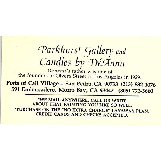 Parkhurst Gallery & Candles By DeAnna Morro Bay CA Vintage Business Card SF3-B4