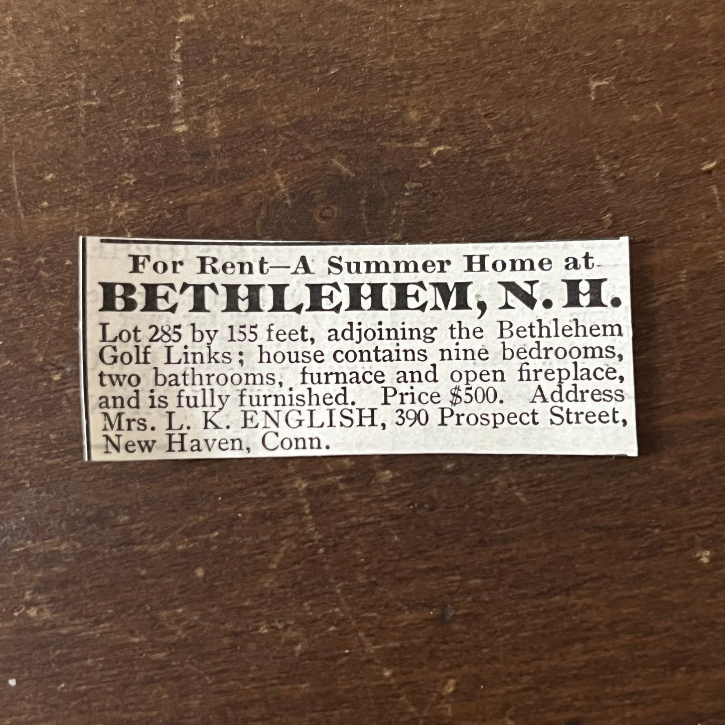 Bethlehem NH Summer Home L.K. English New Haven CT 1903 Ad AF8-S45