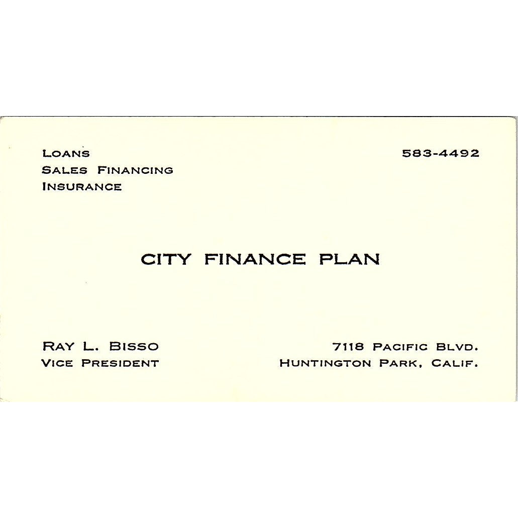 Ray L Bisso City Finance Plan Huntington Park CA Vintage Business Card SD9-B4