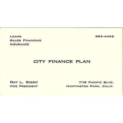 Ray L Bisso City Finance Plan Huntington Park CA Vintage Business Card SD9-B4