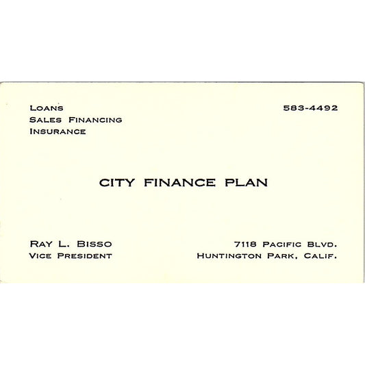 Ray L Bisso City Finance Plan Huntington Park CA Vintage Business Card SD9-B4