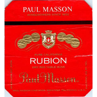 Vintage Paul Masson Rubion Red Table Wine Label Saratoga CA AF1-RR7