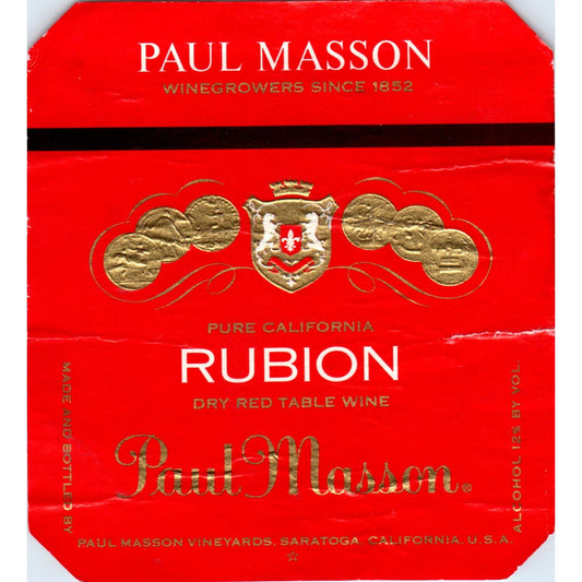 Vintage Paul Masson Rubion Red Table Wine Label Saratoga CA AF1-RR7