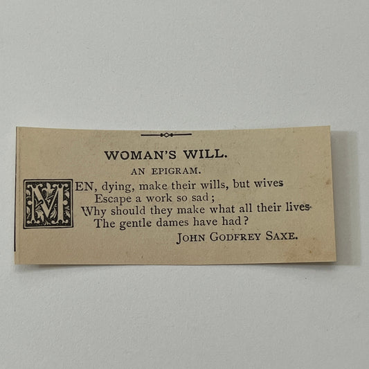 A Woman's Will - John Godfrey Saxe 1884 Poem AG3-S1