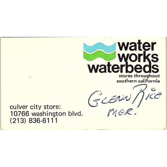 Water Works Waterbeds Glenn Rice Washington BLVD Vintage Business Card SF3-B3