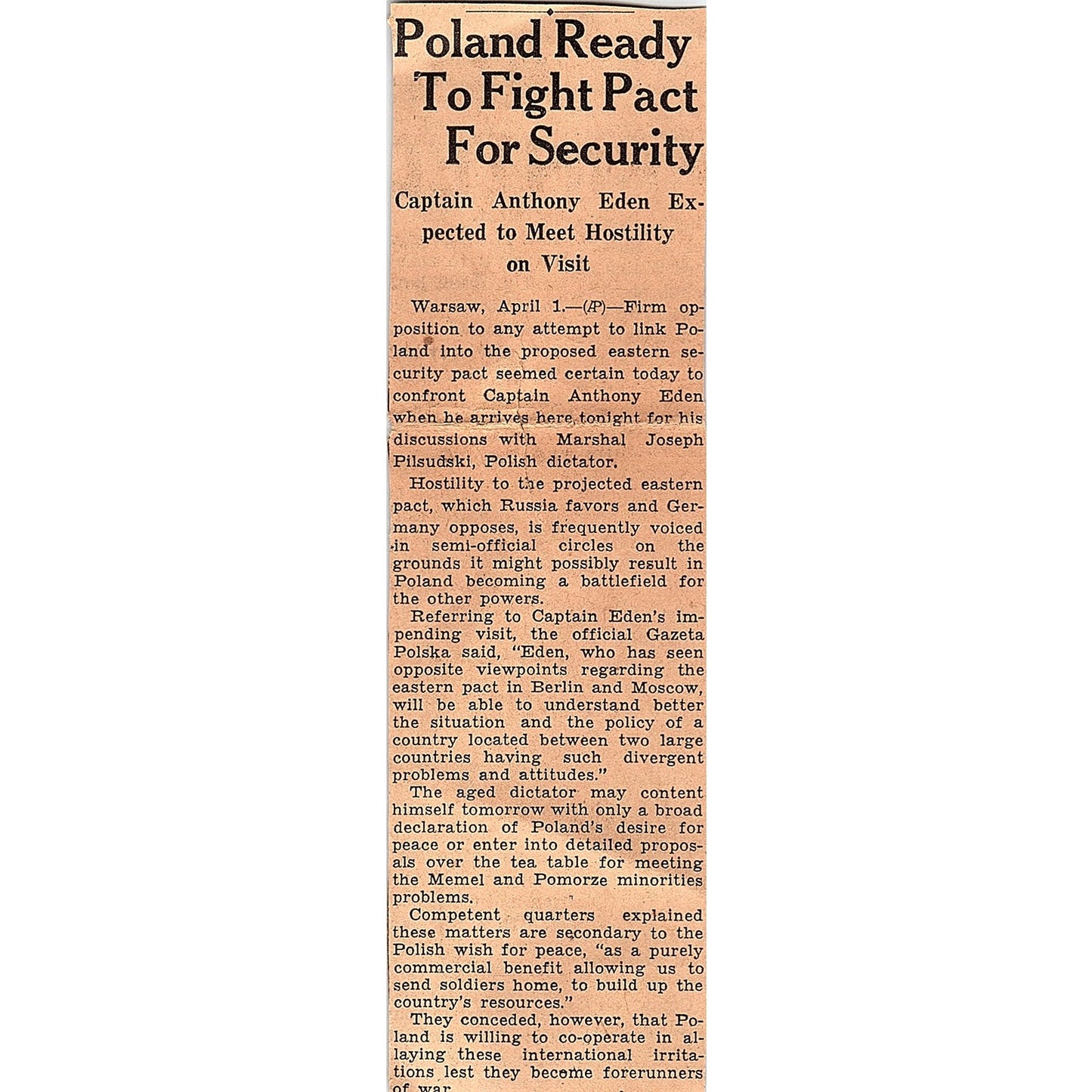Capt Anthony Eden Poland Security Pact 1935 Newspaper Article AG6-M3