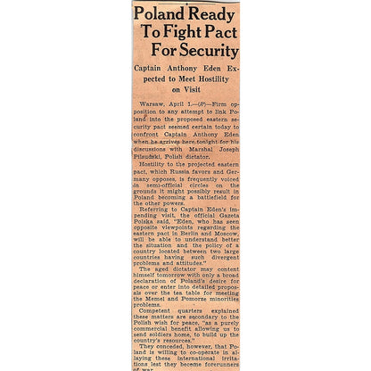 Capt Anthony Eden Poland Security Pact 1935 Newspaper Article AG6-M3