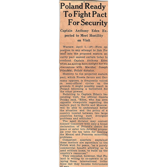 Capt Anthony Eden Poland Security Pact 1935 Newspaper Article AG6-M3