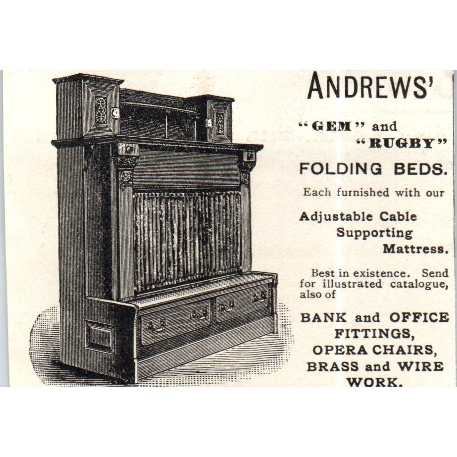Andrews' Gem & Buggy Folding Beds Murphy Bed c1890 Victorian Ad AE8-CH10