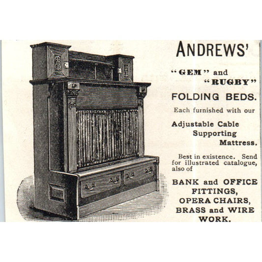 Andrews' Gem & Buggy Folding Beds Murphy Bed c1890 Victorian Ad AE8-CH10