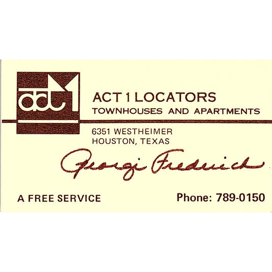 Georgi Frederick Act 1 Locators Houston TX Vintage Business Card SE3-B15