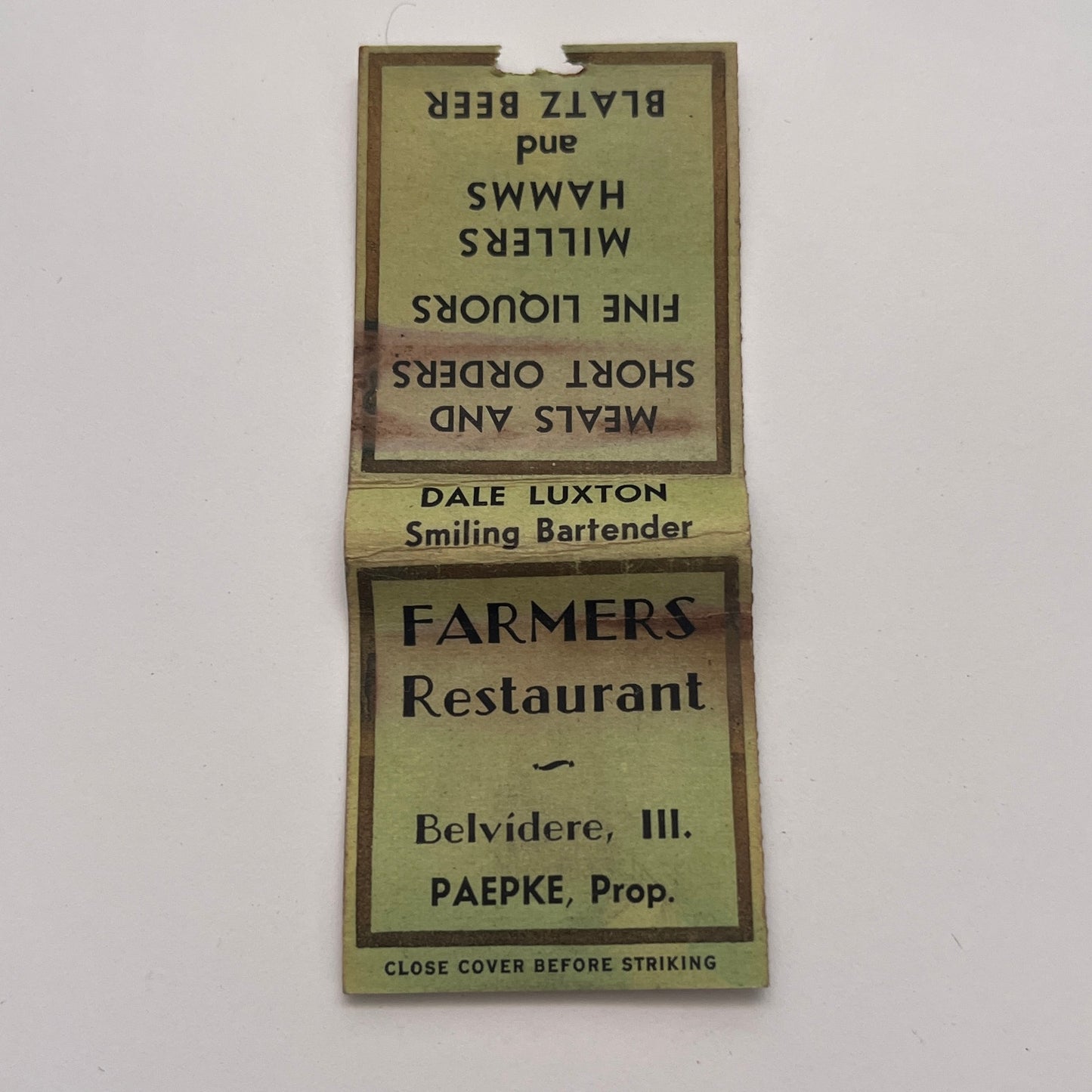 Farmer's Restaurant Belvidere Illinois Paepke Vintage Matchbook Cover MM3-4