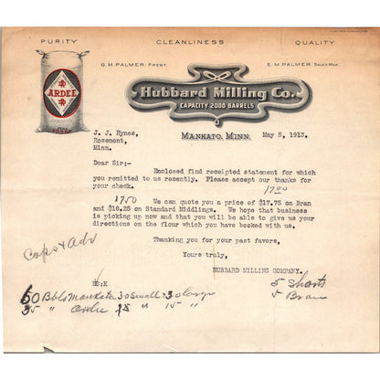 Hubbard Milling Co G.M. Palmer Mankato MN c1913 Letterhead Billhead K24