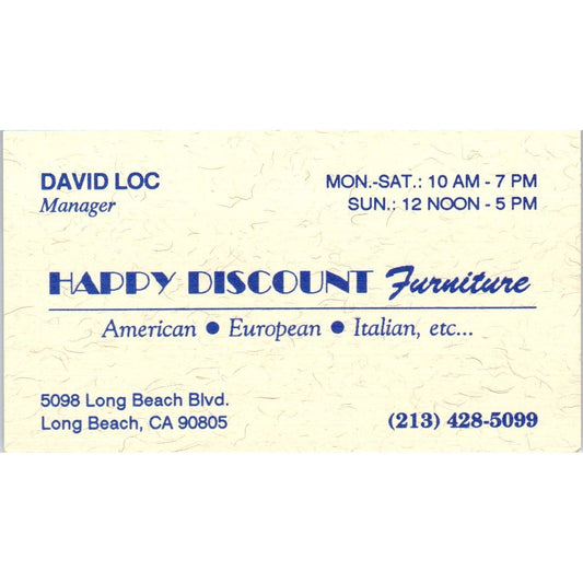 David Loc Happy Discount Furniture Long Beach CA Vintage Business Card SD8-B21