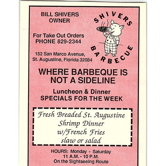 Shivers Barbecue Bill Shivers St. Augustine FL 1989 Ad AF9-13