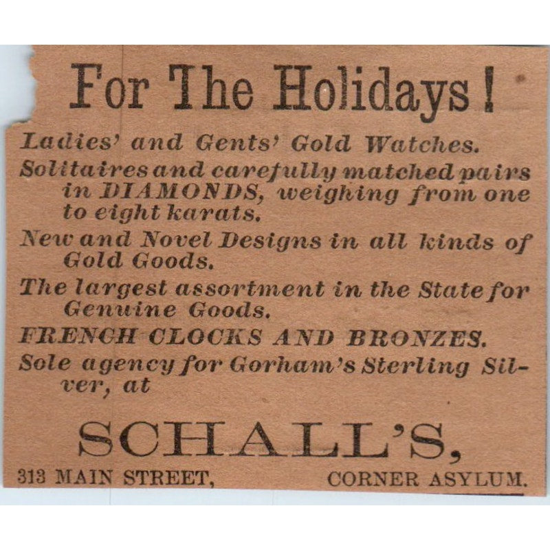 Schall's Holiday Gifts Main St Corner Asylum Hartford 1886 Newspaper Ad AF7-E5