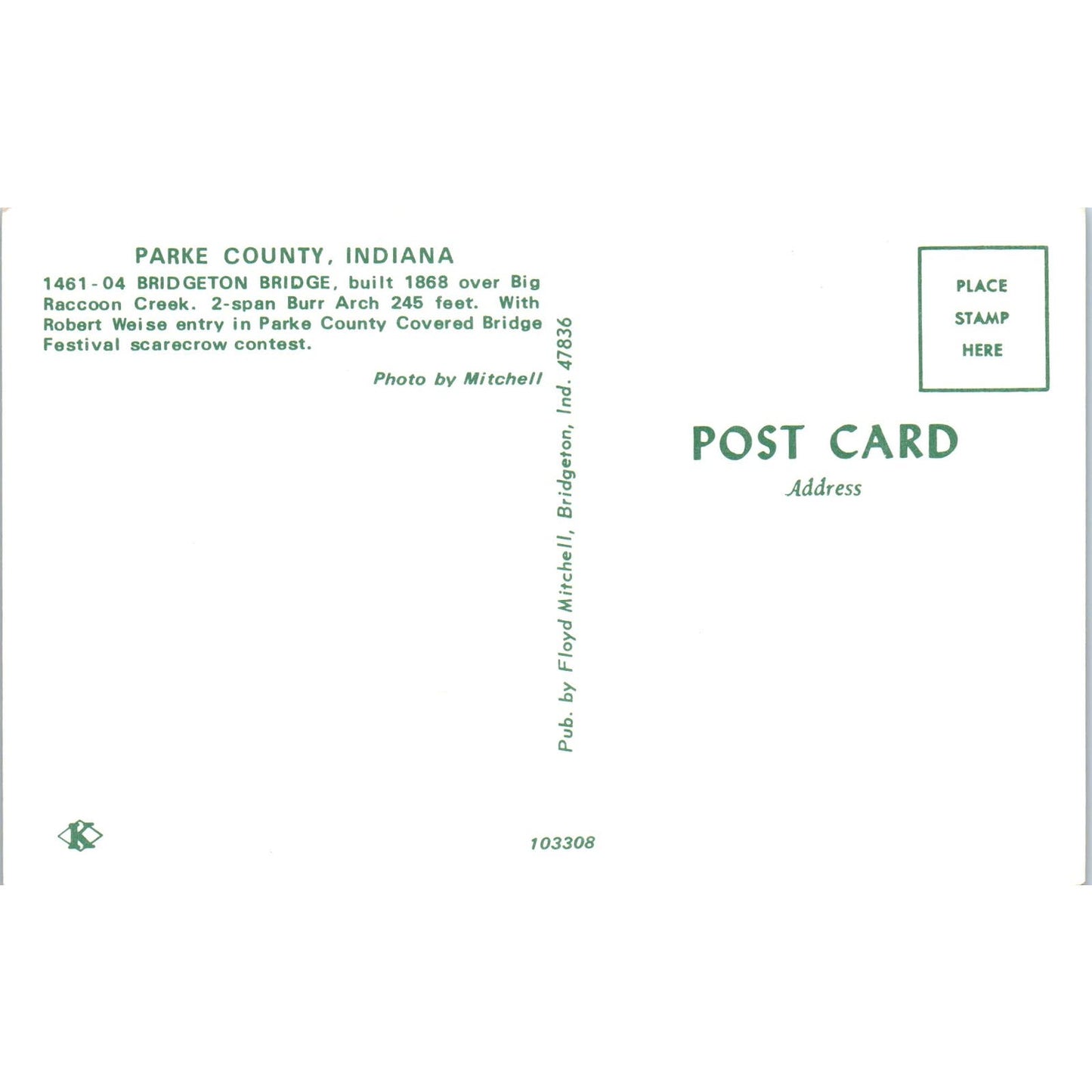 Bridgeton Bridge Parke County Indiana Covered Bridge Postcard PB11