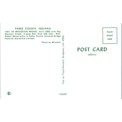 Bridgeton Bridge Parke County Indiana Covered Bridge Postcard PB11