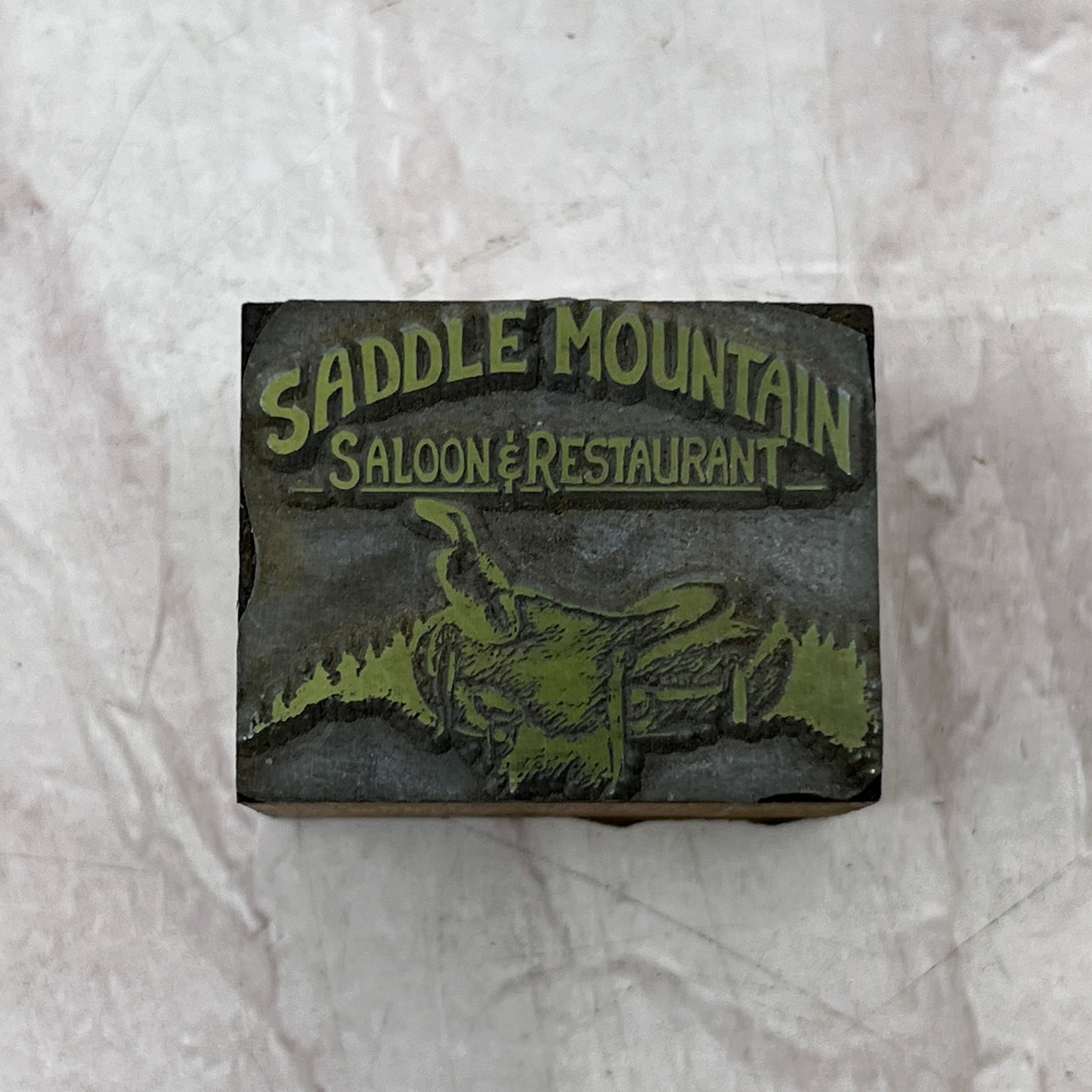 Retro Saddle Mountain Saloon & Restaurant Letterpress Printers Block Plate SF5