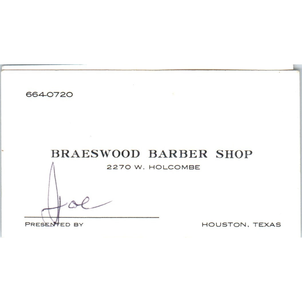 Braeswood Barber Shop Joe Houston TX Vintage Business Card SD8-B9