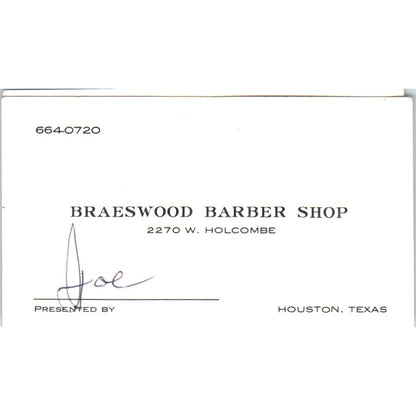 Braeswood Barber Shop Joe Houston TX Vintage Business Card SD8-B9