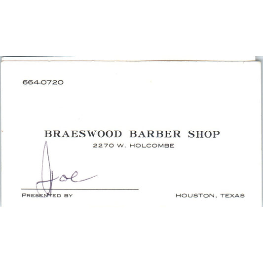 Braeswood Barber Shop Joe Houston TX Vintage Business Card SD8-B9